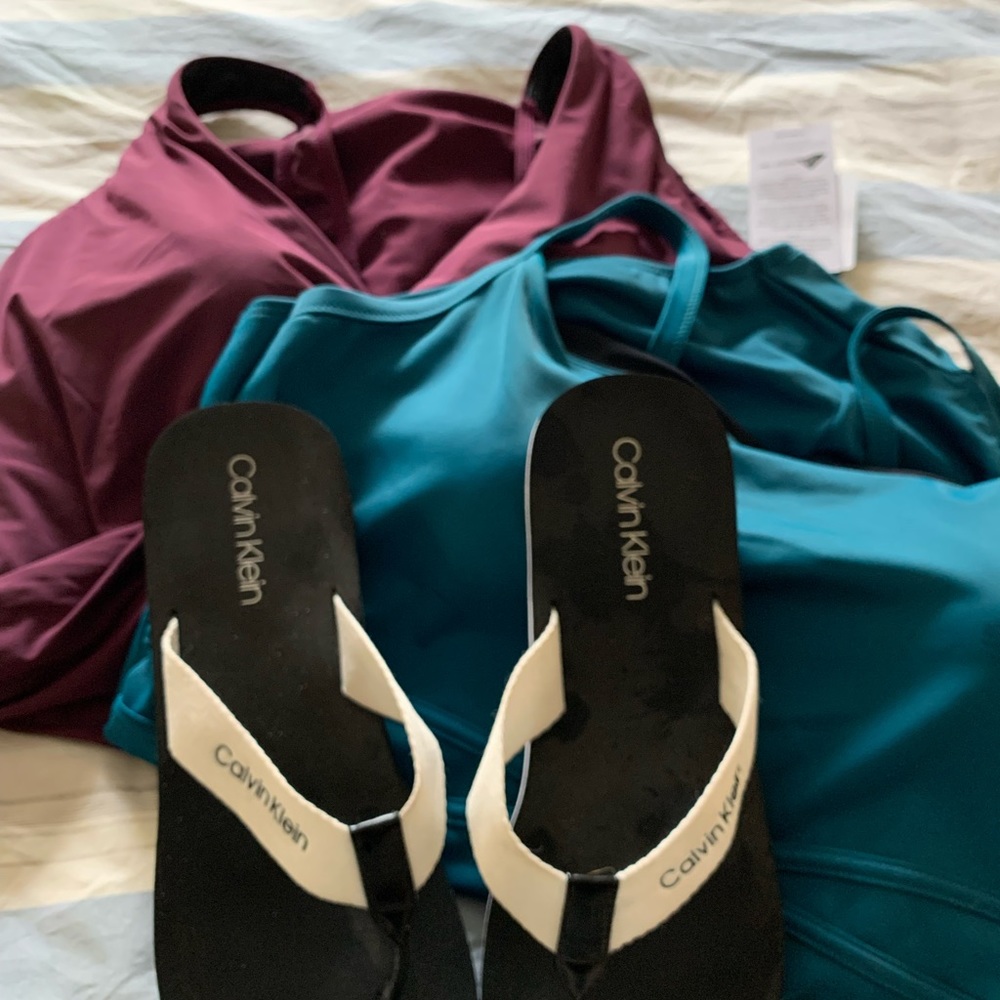 LL Bean swimsuits/ Calvin Klein flip flops